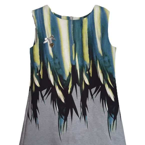 Carlucci Kids Sleeveless Feather Print Dress Girls Size 3 Gray Blue Formal Lined - Picture 3 of 10